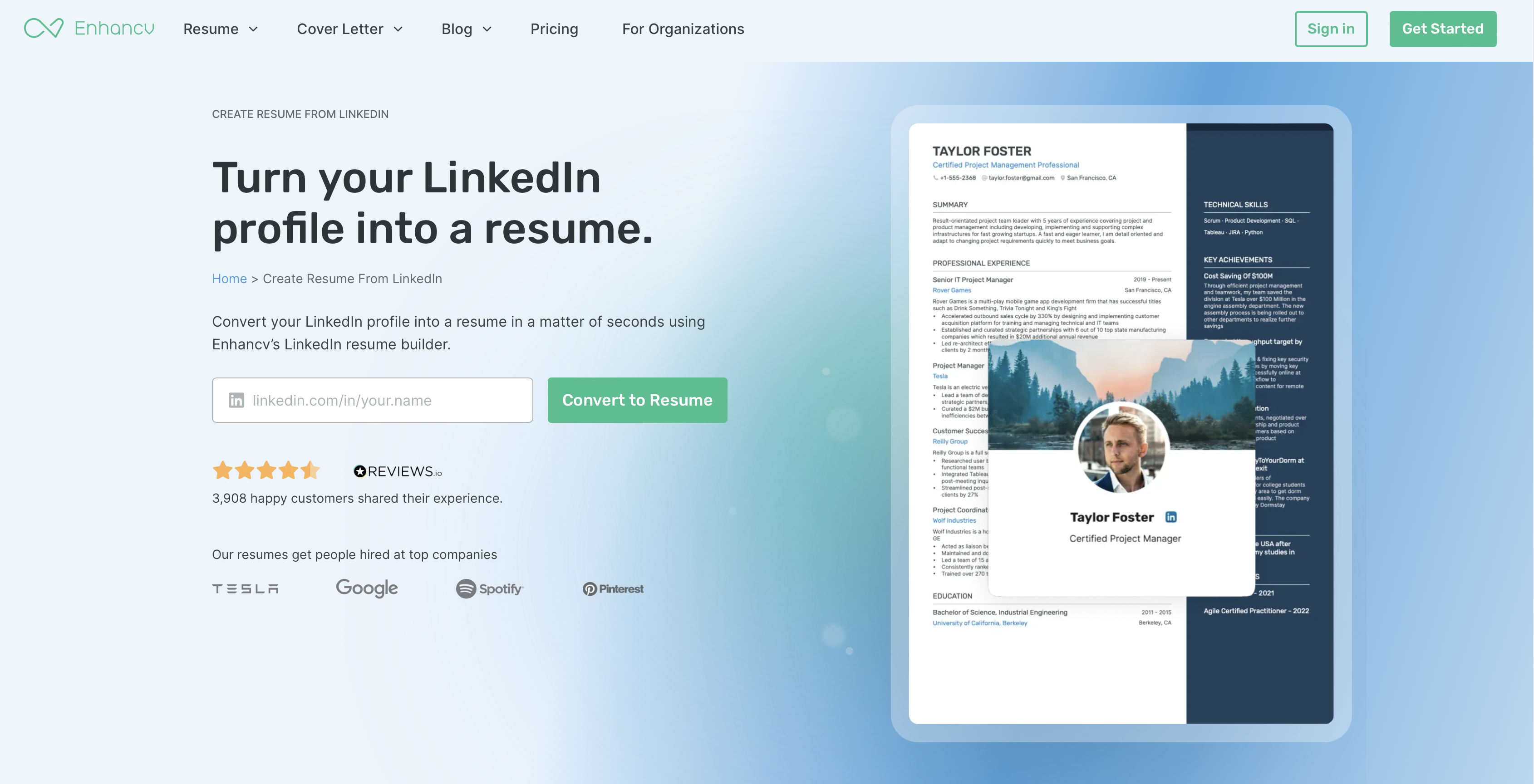 Screenshot from Enhancv LinkedIn resume integration